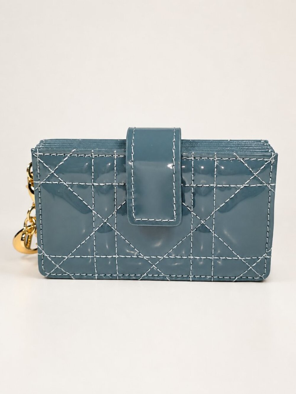 Christian Dior Blue Gray Patent Cannage Accordion Wallet w/ Dior Charms - Picture 2 of 7